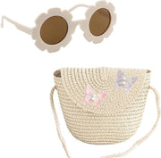 Borsa per bambini - borsa con strisce farfalla - borsa per ragazze in pelle beige - occhiali da sole in forma di fiore per bambine - S/M.