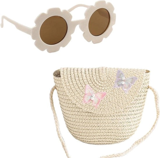 Borsa per bambini - borsa con strisce farfalla - borsa per ragazze in pelle beige - occhiali da sole in forma di fiore per bambine - S/M.