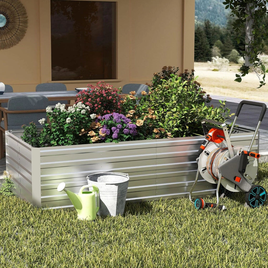 Fioriera rialzata, 300 x 120 x 58 cm, in acciaio zincato, grande per esterni, aiuola da giardino, rettangolare, per giardino, balcone, argento