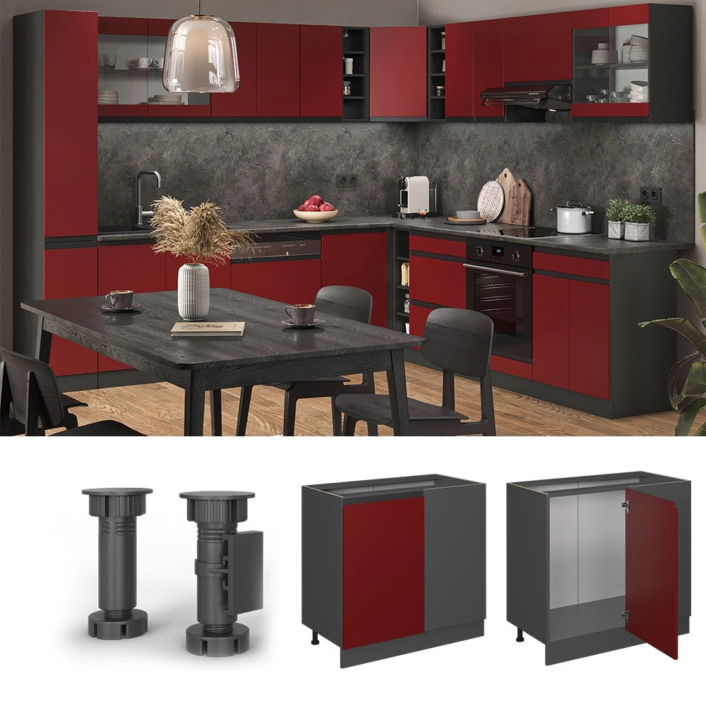 Mobile ad angolo cucina R-Line Rosso/Antracite 86 cm Forma a J, senza piano di lavoro Vicco