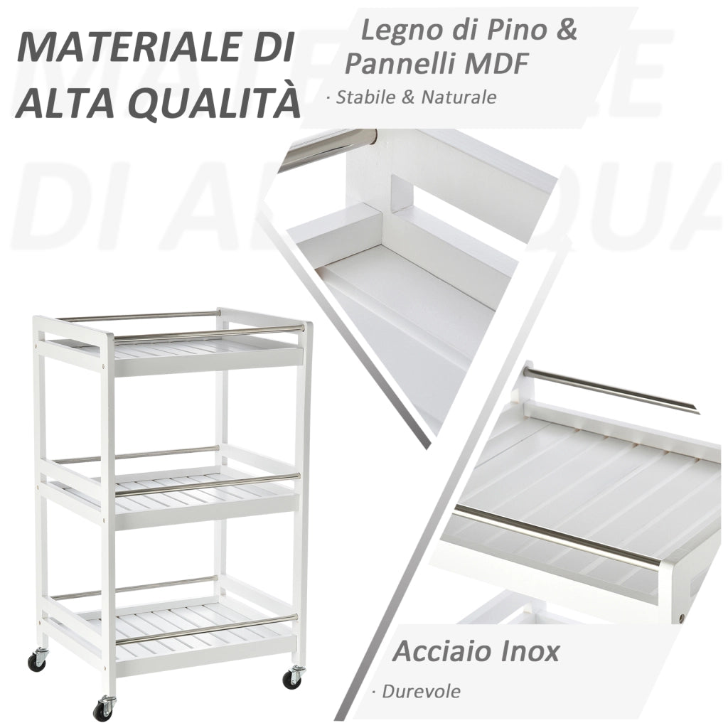 Carrello da Cucina Portavivande in Legno con 3 Ripiani ¨C Minimal ¨C 45x38x78cm, Bianco