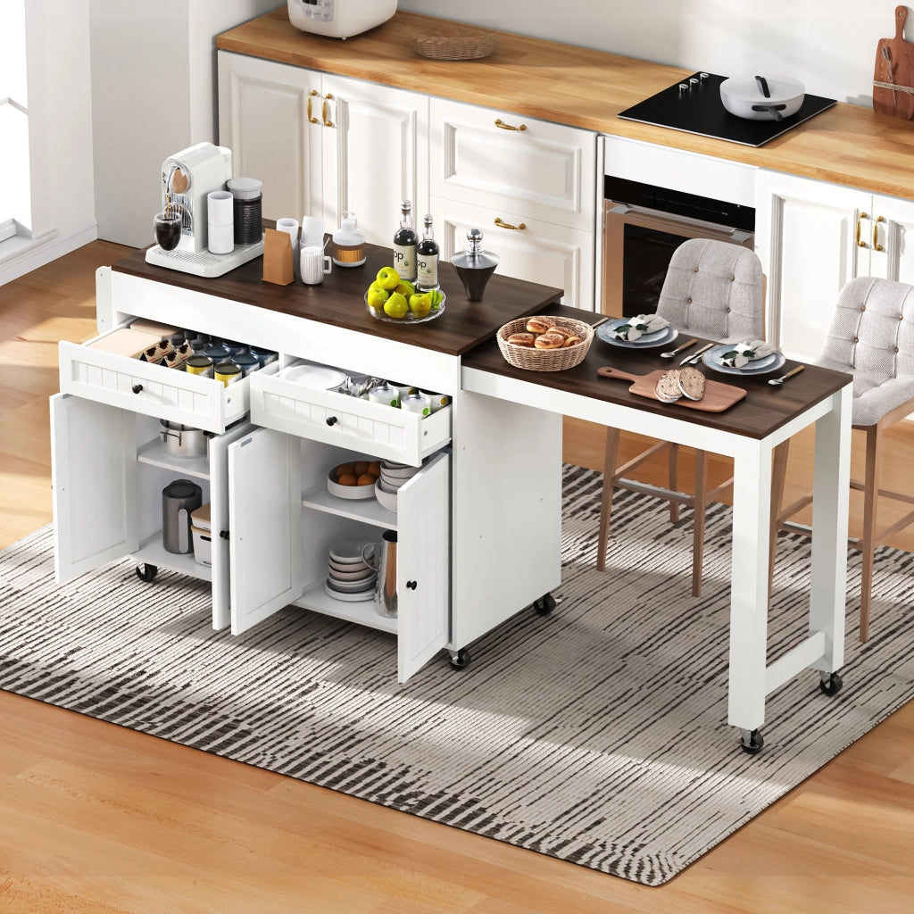 Carrello da Cucina con Piano Estensibile e Vani Contenitivi su Ruote per Cucina in MDF 112-180;5×45×92;2 cm Bianco