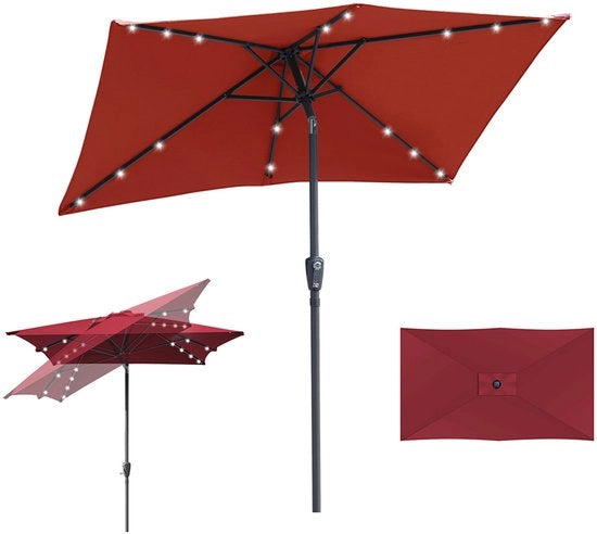 Parasole da giardino - 140x210 cm - Parasole - Giardino - con LED - UPF 50+ - 30° Inclinabile - Impermeabile - Parasole per balcone - Parasole a sospensione - Rosso