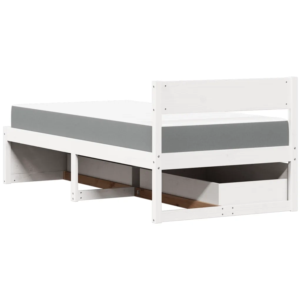Letto Cassetti e Materasso Bianco 90x200 cm Legno Massello Pino