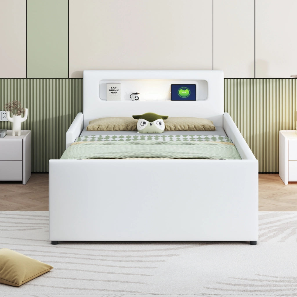 Letto 90x200 cm - Letto imbottito,Con luce notturna,Porta di ricarica USB,Con vani portaoggetti,Bianco