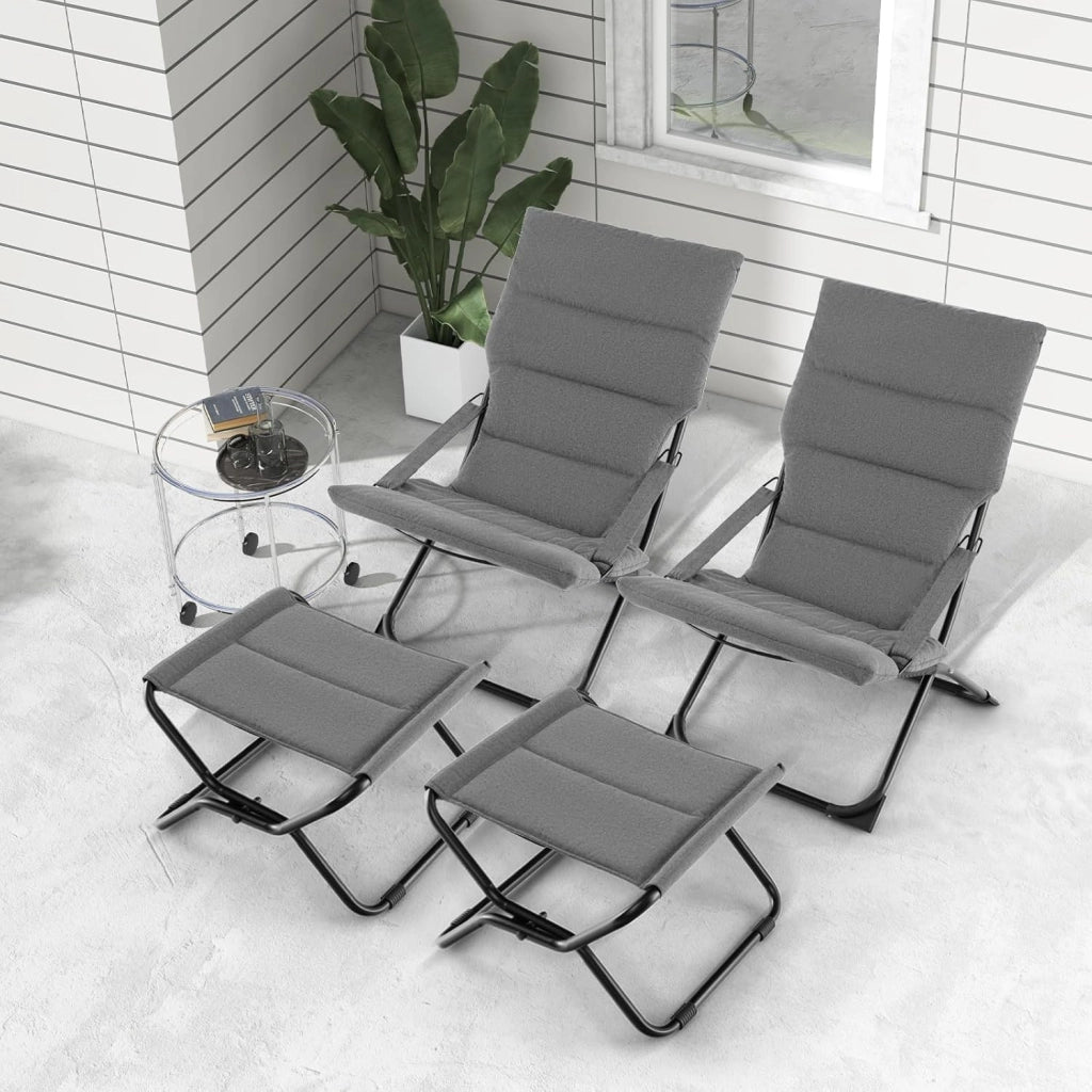 Set di Sedia Sdraio da Giardino con Poggiapiedi Pieghevole, Lettino da Esterno in Tessuto e Metallo, Poltrona da Veranda con Braccioli e Cuscino Rimovibile, per Cortile,Terrazzo, Grigio