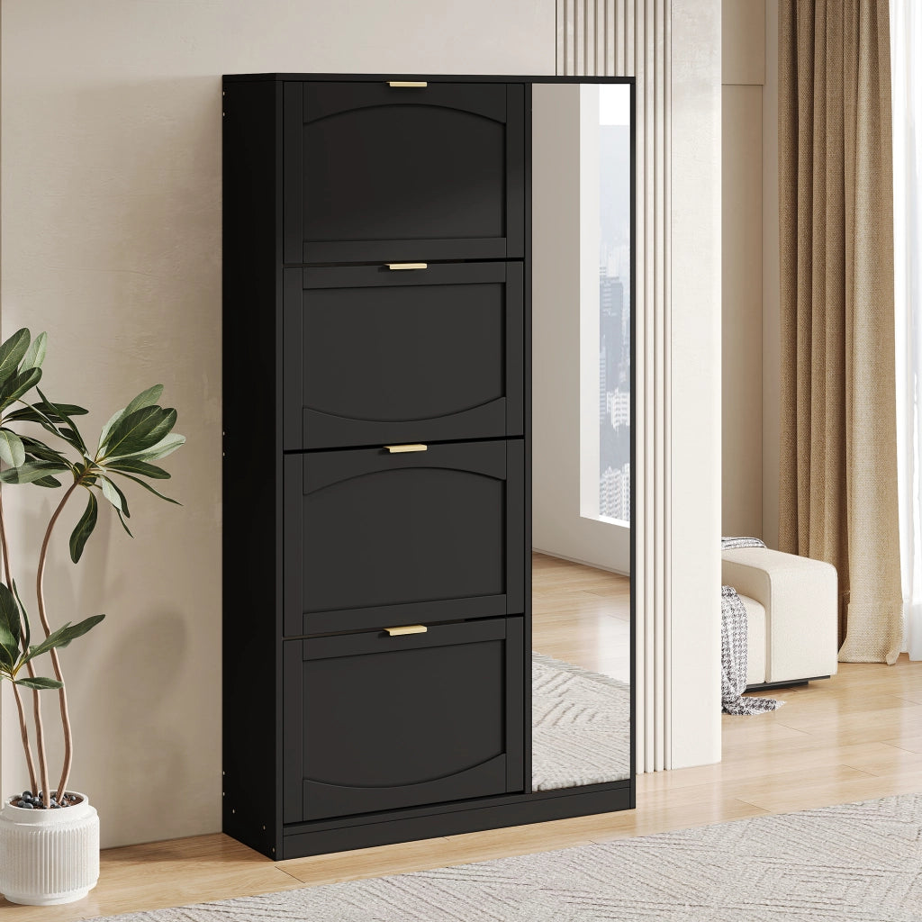 Scarpiera con Specchio e 4 Ante Ribaltabili ¨C MINIMAL ¨C Nero, 80x147x24 cm