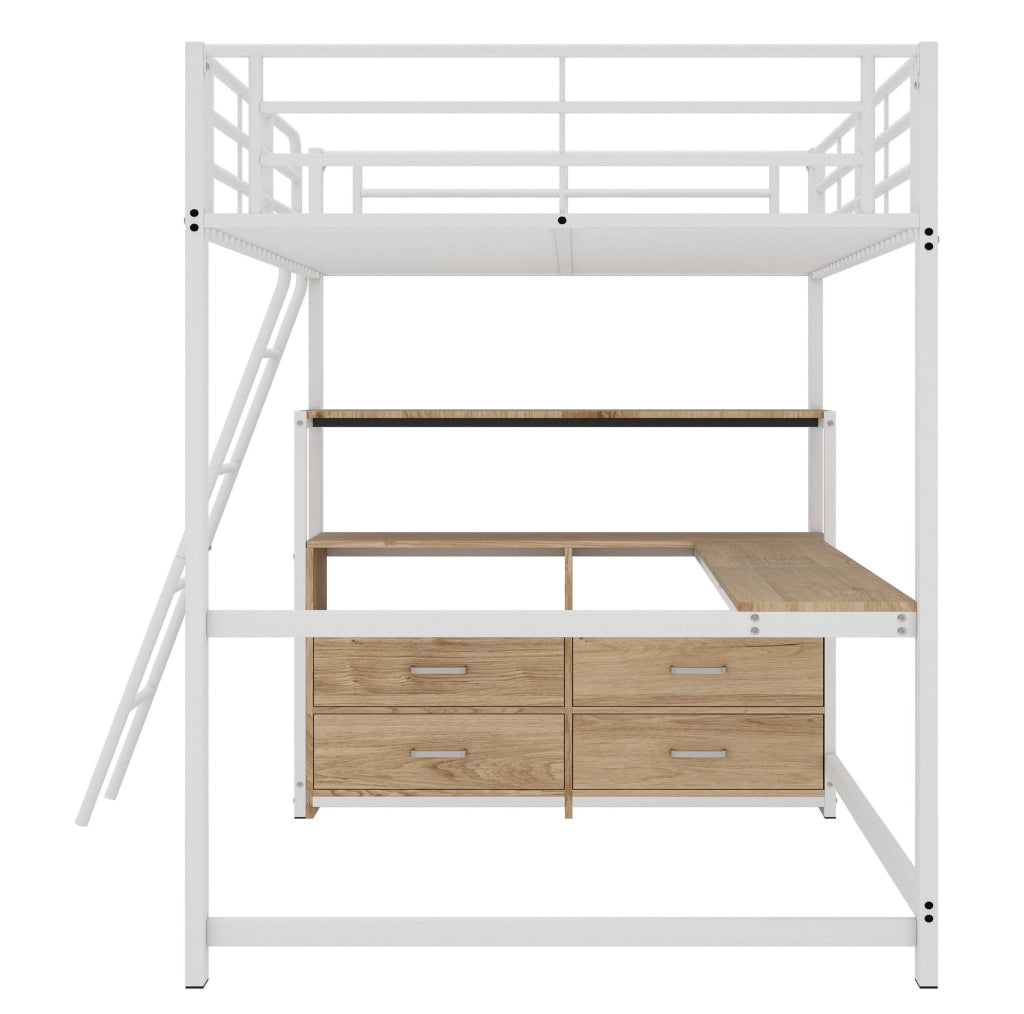 Letto a soppalco 140x200 cm con scrivania angolare e cassetti, bianco