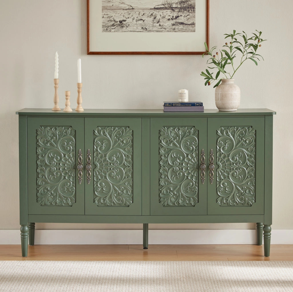 Credenza 160x40x89 cm con decori in rilievo e angoli arrotondati in truciolare; MDF e metallo verde