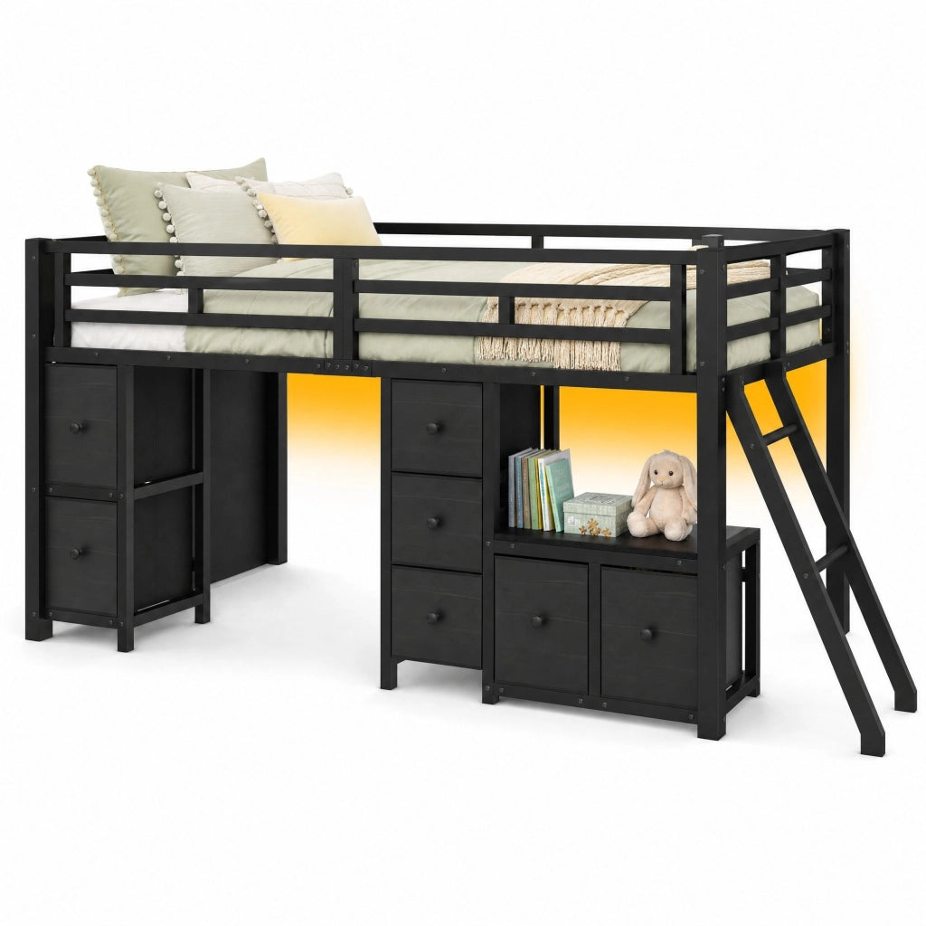 Letto a Soppalco 90x200 cm - 7 Cassetti in Tessuto; LED; Mensole - MDF; Metallo; Nero