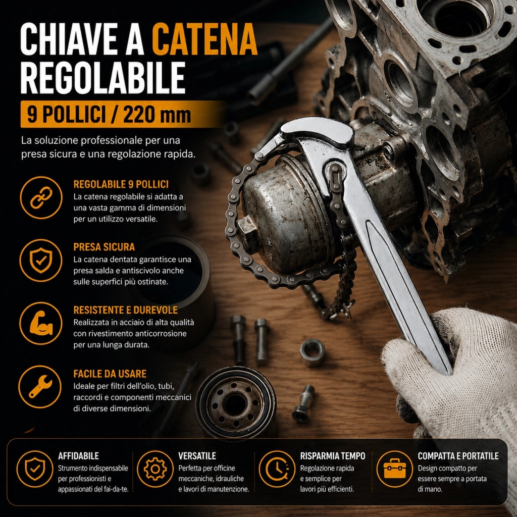 Chiave a Catena Regolabile 22 Cm In Acciaio per Tubi Filtri Olio Raccordi 722009