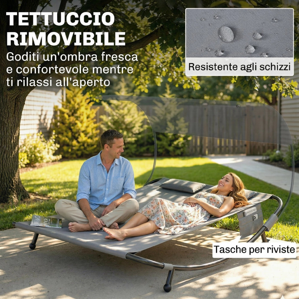 Lettino Doppio con Baldacchino, Cuscini e Ruote ¨C zephmum ¨C Grigio