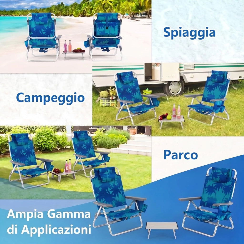 Set di 2 Sedie e Tavolino da Spiaggia Pieghevole, Schienale Regolabile a 5 Livelli, con Portatesta, Borsa Portaoggetti, Borsa Termica, per Campeggio Picnic Esterno (Albero, Modello 2)