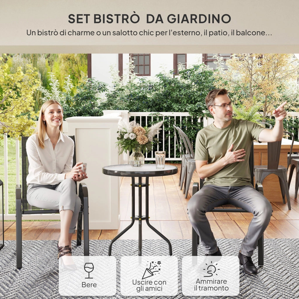 Set Salotto da Giardino 3 Pezzi con 2 Sedie e Tavolino Rotondo in Acciaio Nero