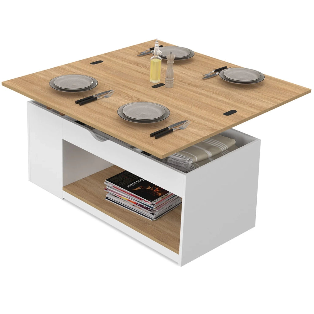 IDMarket - Tavolino rettangolare con piano sollevabile, trasformabile in tavolo da pranzo ELEA, 100 cm, legno bianco e impiallacciato faggi