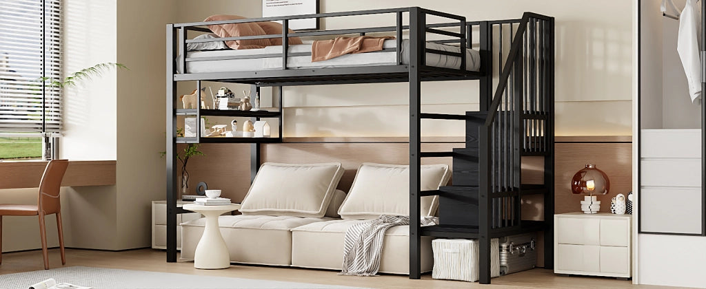 DESMIU Letto a soppalco per bambini 1 posto con scaffali, scala contenitore e barriera 90 × 200 cm, senza materasso
