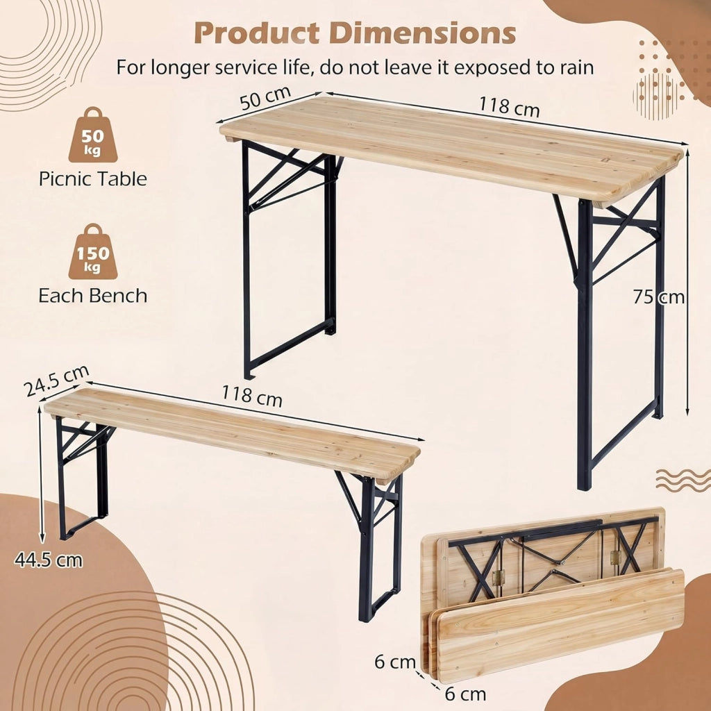 Tavolo e Panche da Birreria Pieghevoli in Legno Massello, Gambe in Metallo Resistenti, Set da Giardino Esterno per 4 Persone per Campeggio, Picnic e Incontri all'Aperto, 118 x 50 x 75 cm