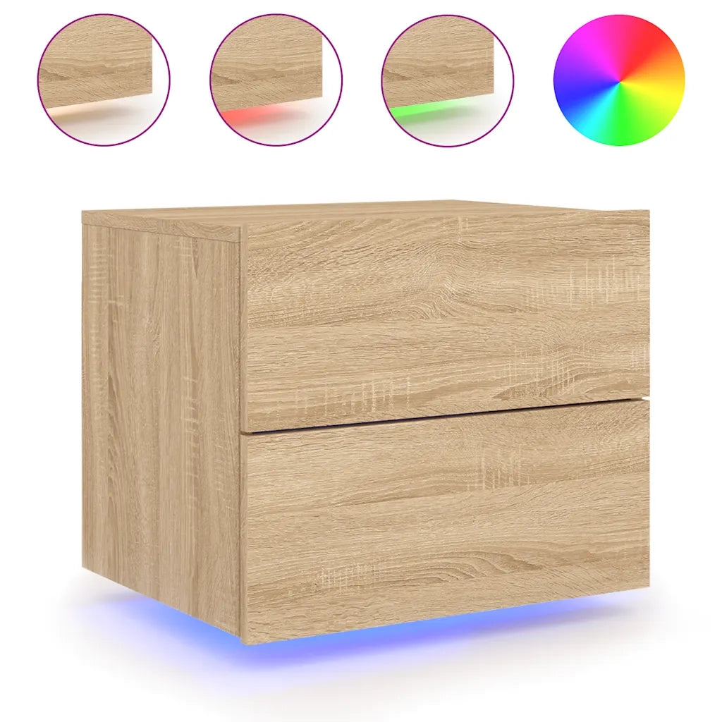 Comodino | Armadio da Notte | Mobiletto da notte a Parete con luci LED Rovere Sonoma