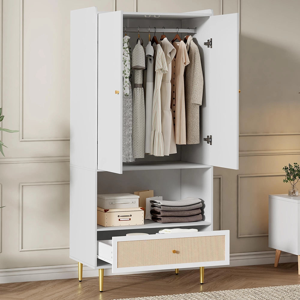 Armadio da camera a 2 ante - Xylo - 80x48x175 cm - Bianco - Cassetto in rattan e appendiabiti