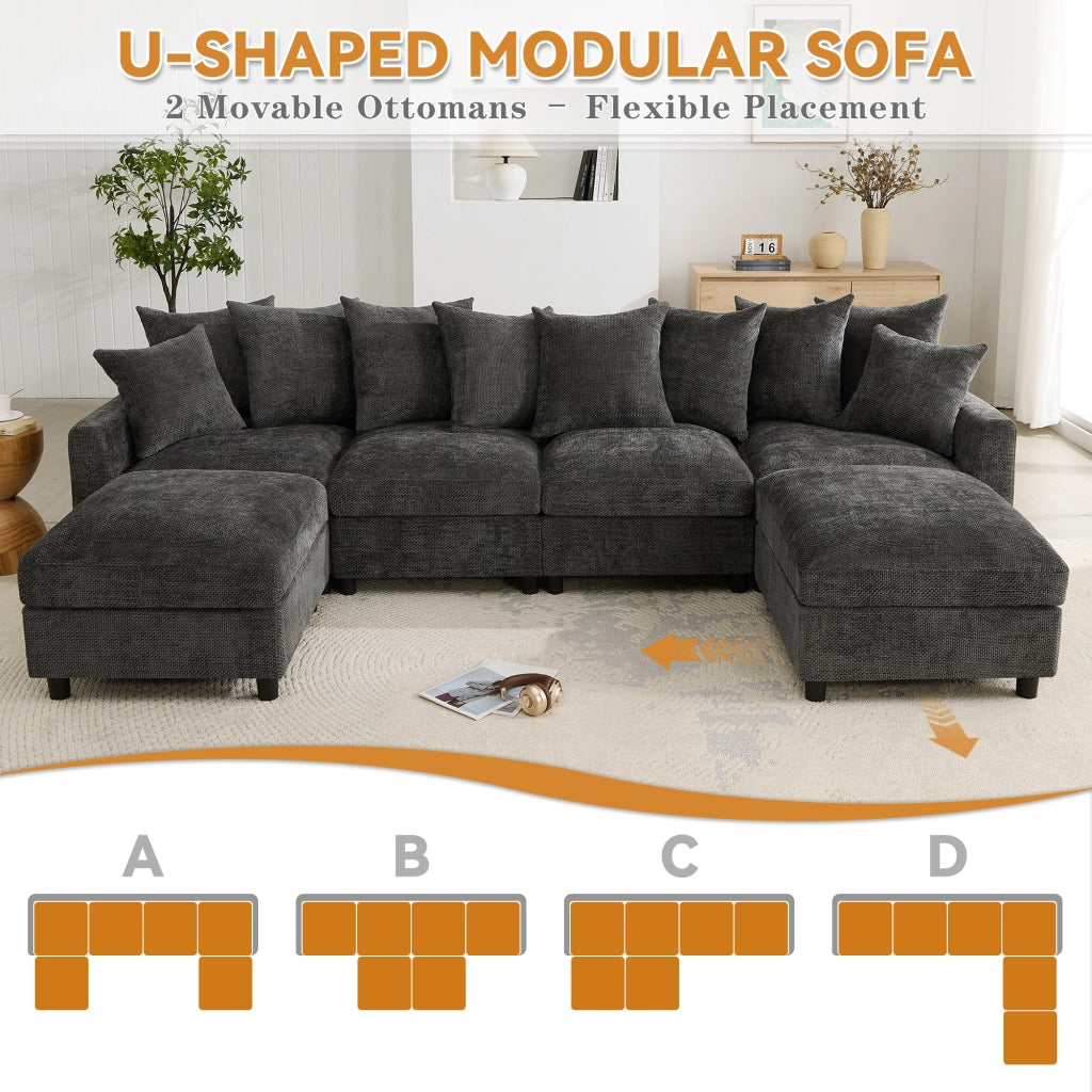 Divano modulare angolare a U e L con porte USB e Type C, cuscini regolabili in chenille grigia 283 × 153,5 × 78,5 cm
