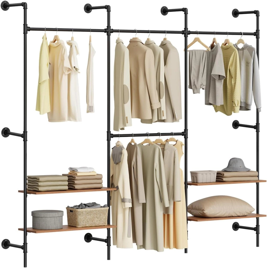 Appendiabiti a Parete con 3 Aste Appendiabiti + 3 Ripiani MDF, Porta Abiti per Camera da Letto, 168x46x220cm, Industriale Nero KLS18-SCH