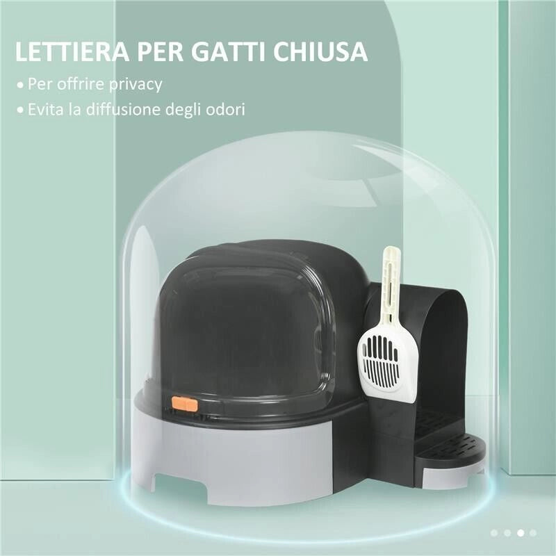 LETTIERA PER GATTI CHIUSA CON COPERCHIO, VASSOIO ESTRAIBILE E PALETTA, IN PP E PC, 52X60X42 CM, GRIGIO SCURO