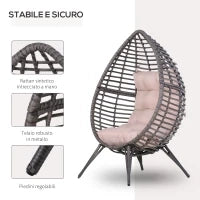 Poltrona da Esterno in Rattan a Goccia Stile Boho con Cuscino, 101x89x156cm Grigio e Beige
