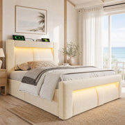 Letto singolo 90x200 cm con contenitore; LED; USB e Type-C; in velluto beige