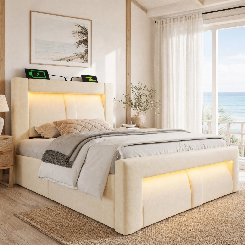 Letto singolo 90x200 cm con contenitore; LED; USB e Type-C; in velluto beige