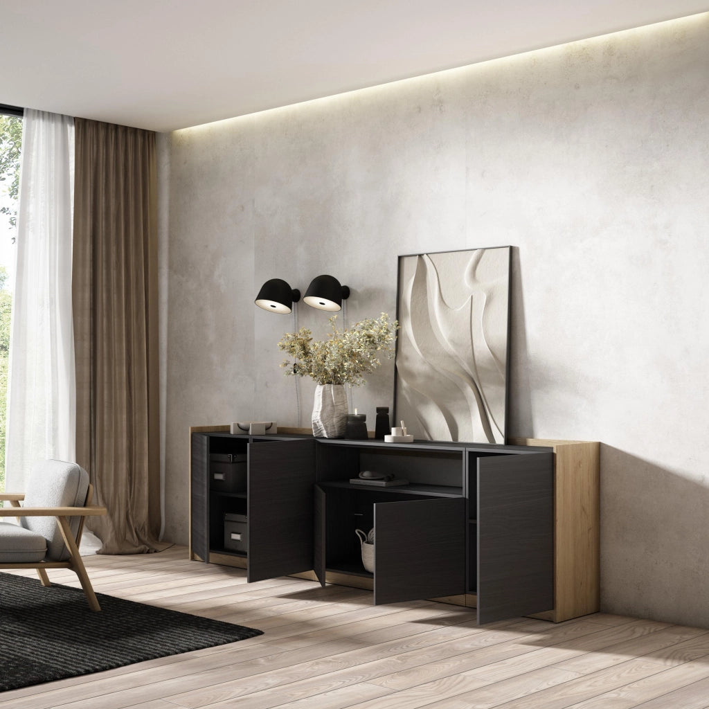 Credenza, Mobile, Cucina, 260x80x37 cm, 5 Porte, grande stoccaggio, Nero e rovere