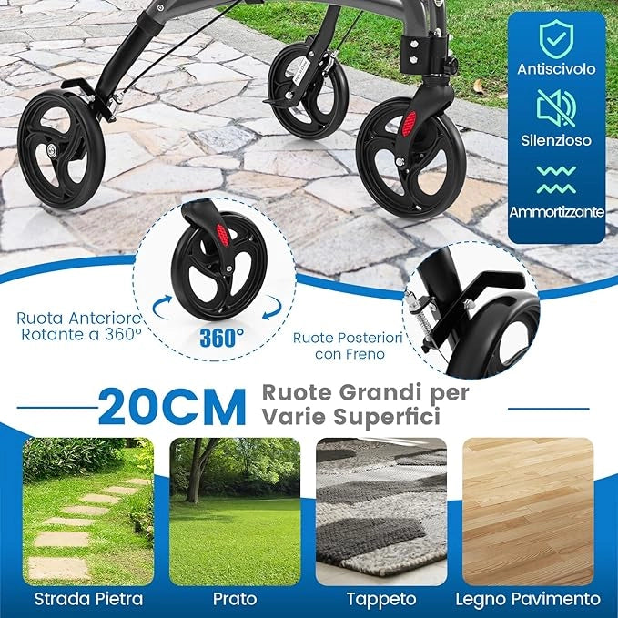 Deambulatore per Anziani in Alluminio Ultraleggero a 3 Ruote, Rollator per Anziani Pieghevole e Regolabile in 6 Livelli 86-96 cm con Borsa e Ruote Bloccabili, Portata 136 kg (Grigio)