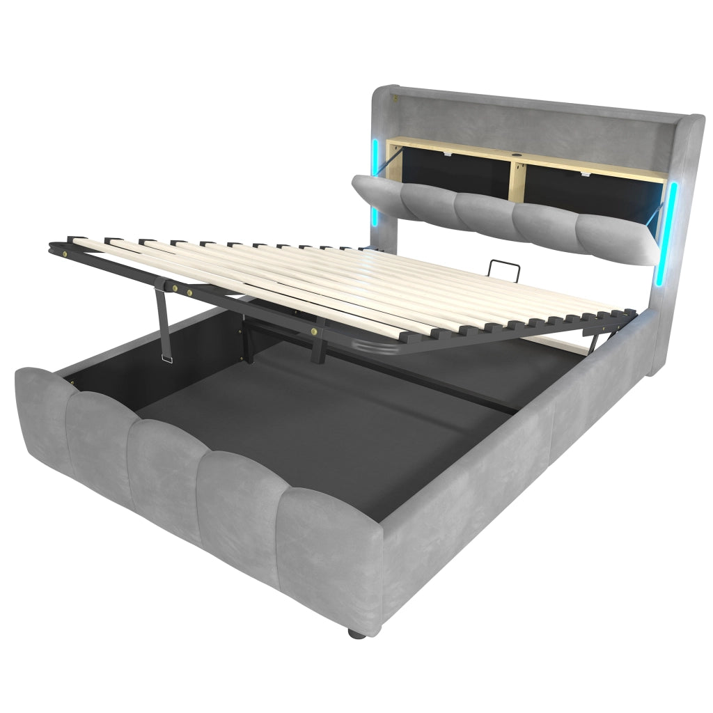 OKWISH Letto Contenitore 140×200 cm, Letto Matrimoniale con LED Regolabile, USB, Tipo C e Vano Contenitore in Testiera, senza Materasso, Velluto, Grigio
