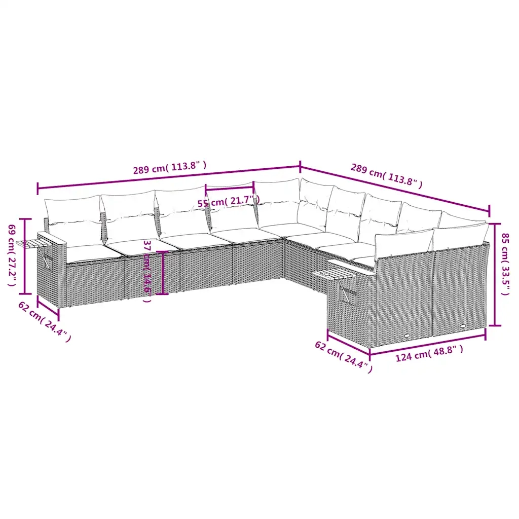 Set Divani da Giardino 10pz con Cuscini in Polyrattan Nero