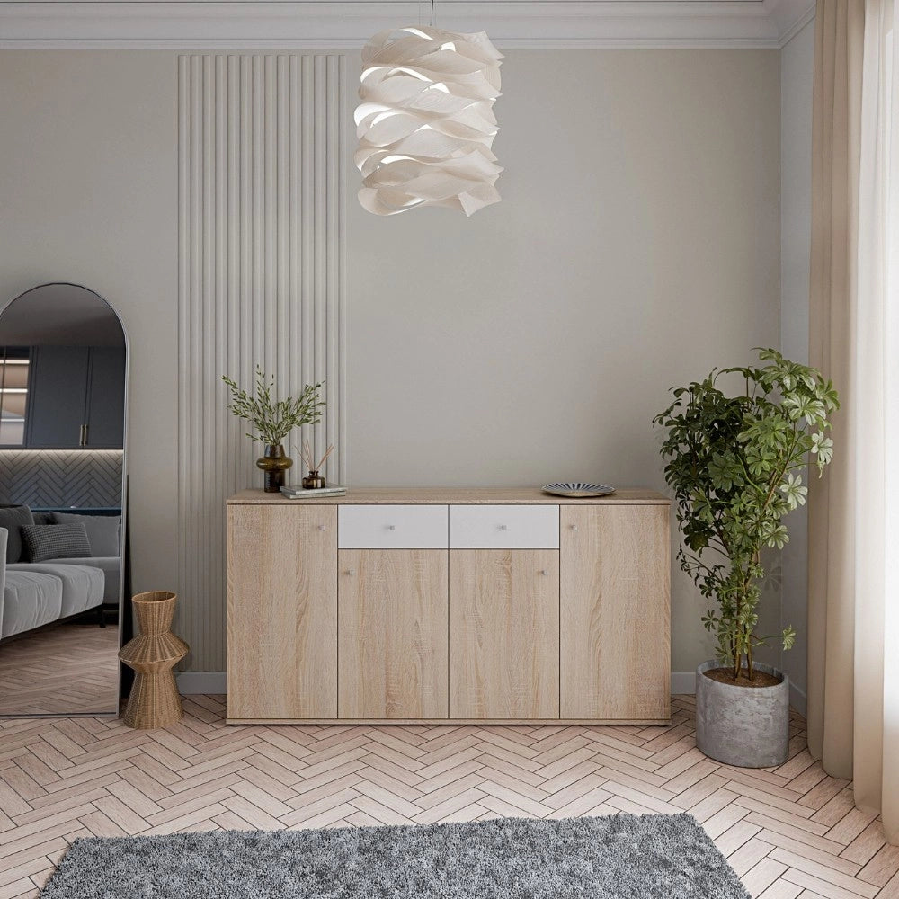 Madia Nilo con 4 ante e 2 cassetti in rovere e bianco 159 cm