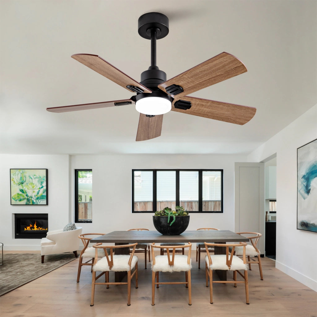 Ventilatore da soffitto esterno nero 42 pollici con luce e telecomando, 5 pale dimmerabili, per terrazze, camere e soggiorni