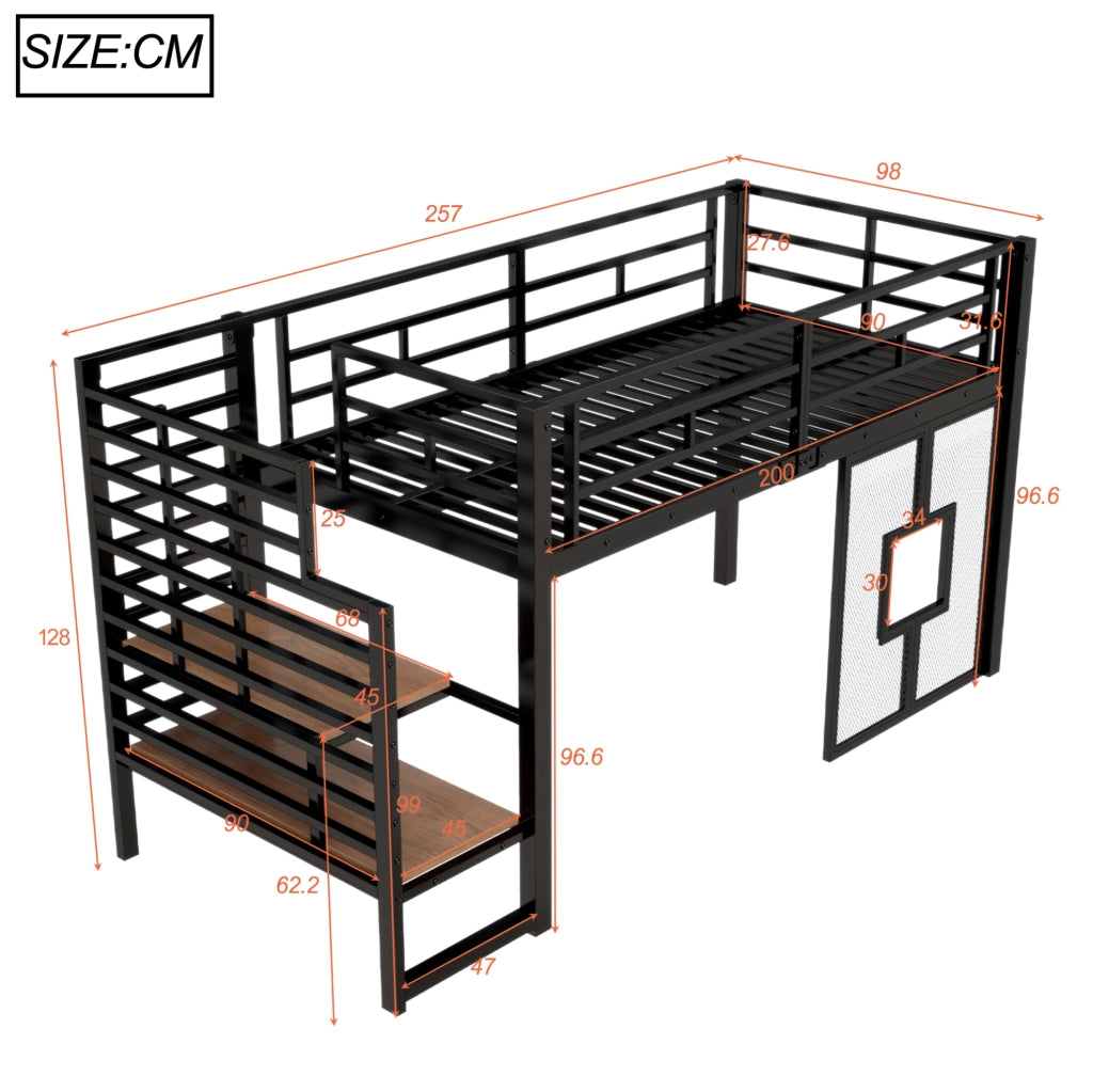 Letto a soppalco 90x200 cm in metallo con scala e LED