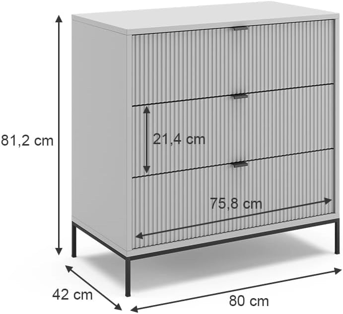Cassettiera per camera da letto Eliza, Grigio, 42 x 81.2 cm con 3 cassetti, per la conservazione e l’organizzazione in soggiorno o camera da letto