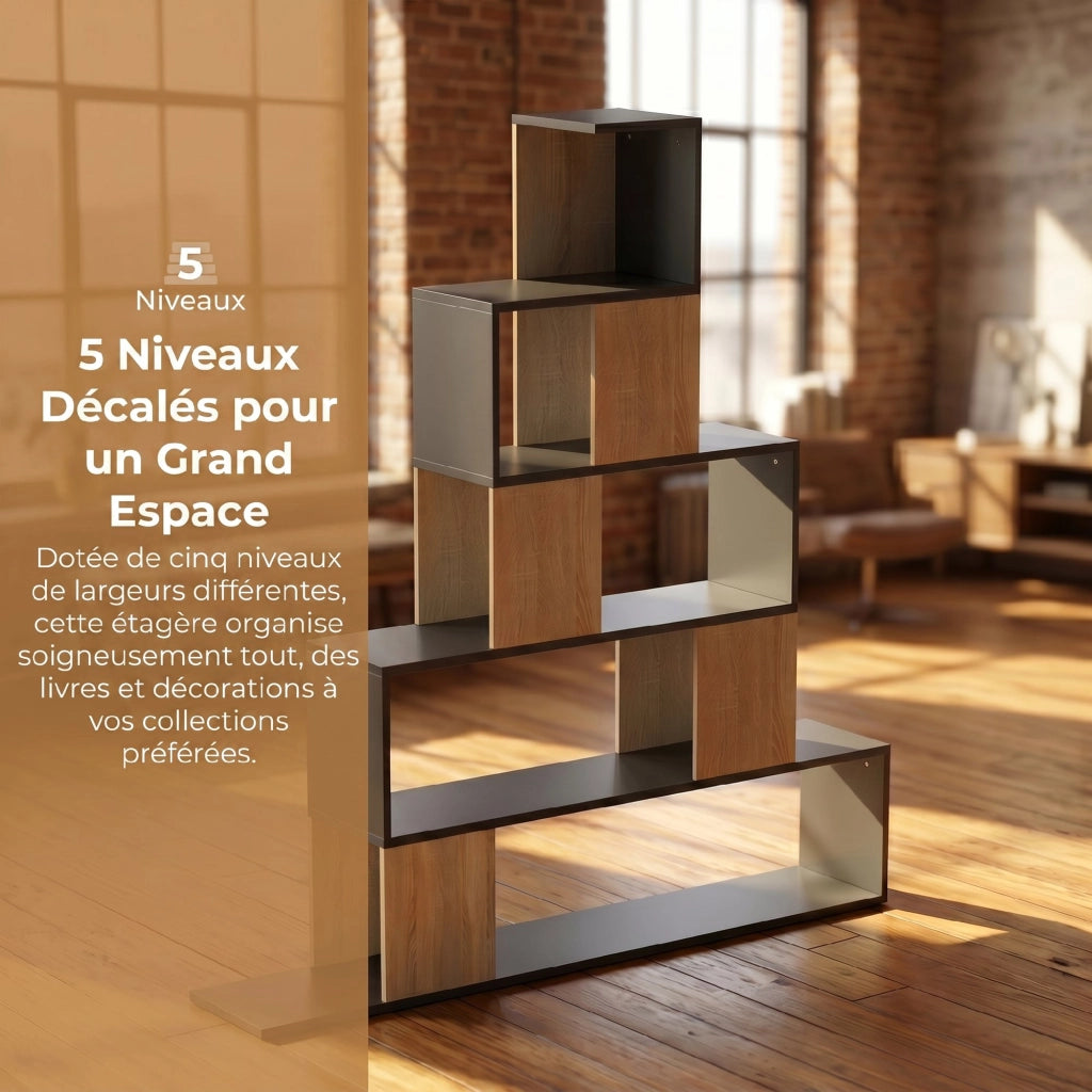Libreria geometrica 5 livelli ¨C Xylo ¨C legno naturale e nero, scaffale per soggiorno ufficio camera