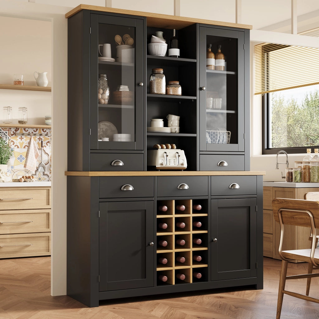 Credenza alta con vetrina 5 cassetti ripiano regolabile soft-close e portabottiglie estraibile per cucina e soggiorno
