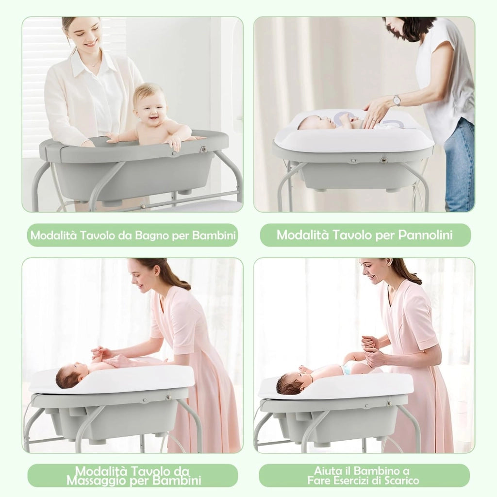 Fasciatoio con Vaschetta Bagnetto 2 in 1, Vasca da Bagno Pieghevole per Bambini, Fasciatoio con Materassino, Cestino Portaoggetti, Ruote con Freno, Portata 35kg+15kg (Grigio Chiaro)
