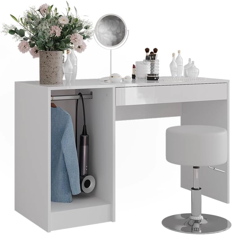 Tavolo da toeletta Sherry, Bianco/bianco lucido, 119.8 cm con sgabello