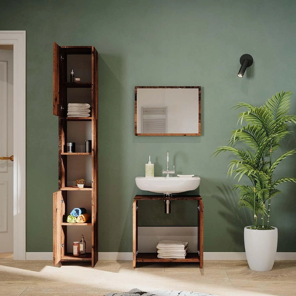 Set mobili bagno Kiko, Rovere rustico, 58 cm, composto da mobile sottolavabo, specchiera e colonna alta