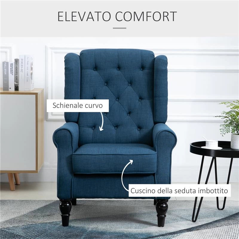 POLTRONA PER SALOTTO IN STILE FRANCESE CON SEDUTA IMBOTTITA E CUSCINI IN POLIESTERE 74X86X102 CM BLU