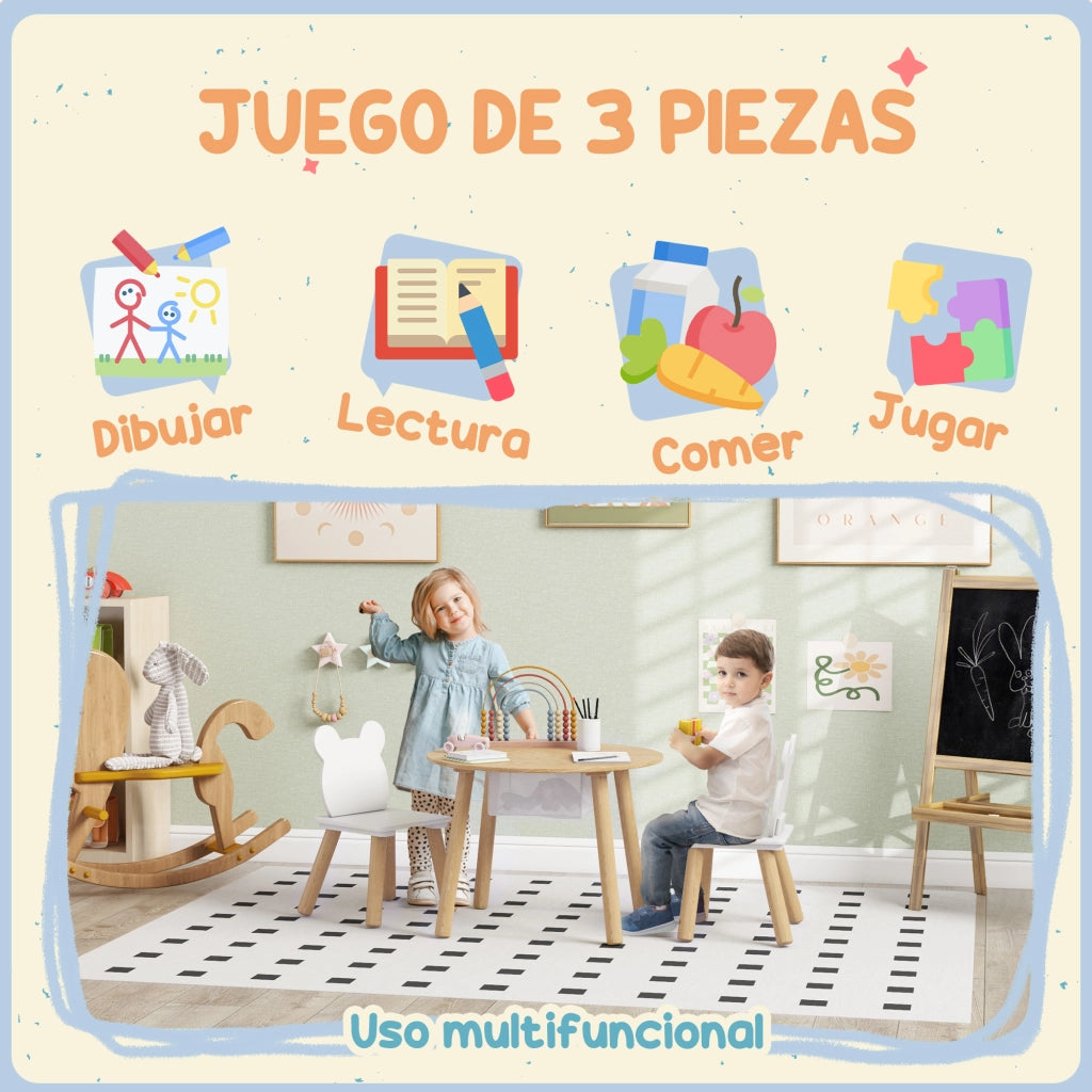 Set Tavolo e 2 Sedie per Bambini ¨C Minimal ¨C Legno con Schienale a Forma di Orso e Spazio di Archiviazione