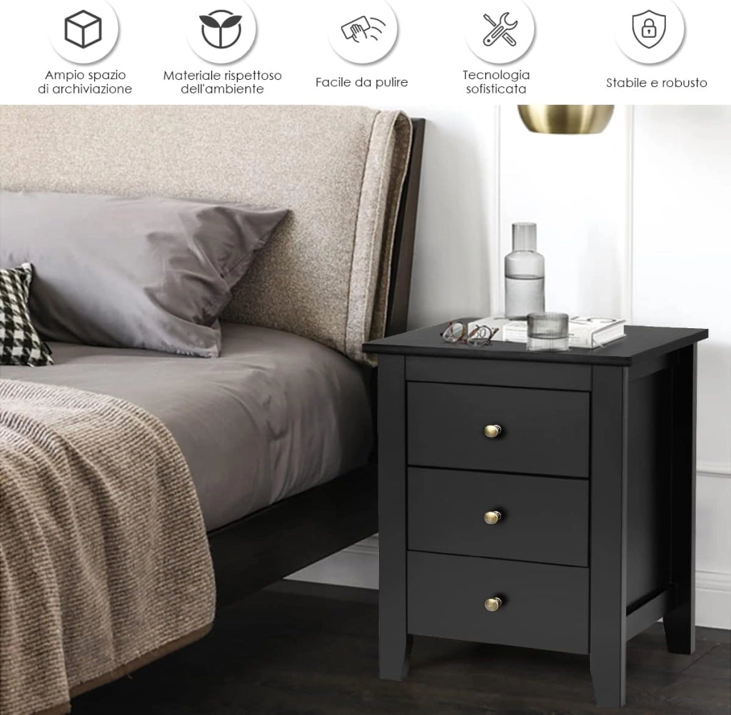 Comodino con 3 Cassetti, Cassettiera da Letto, Tavolino Spazioso con Struttura Resistente, per Salone e Camera da Letto, 46 x 37 x 65 cm (Nero) (2, nero)