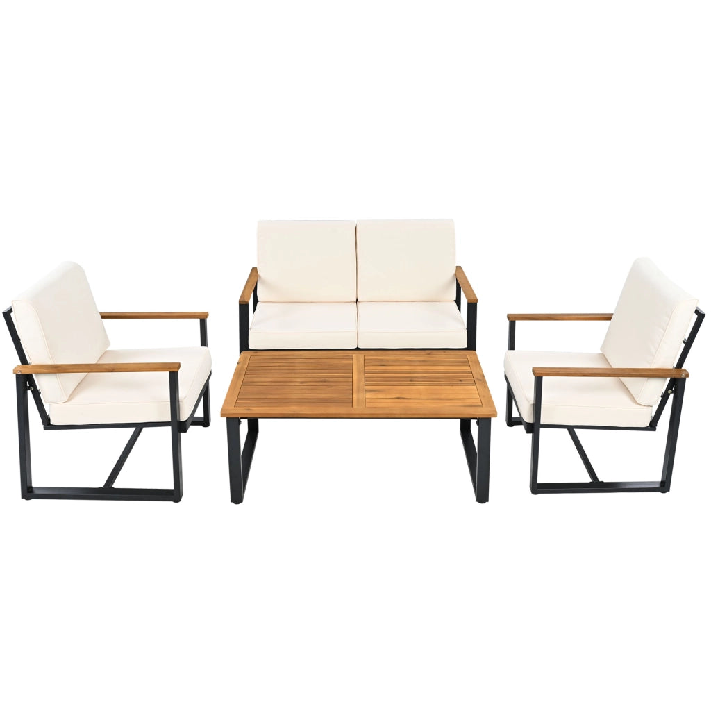 Set Salotto da Giardino Divano 3+2+1+1 Posti con Tavolino e Pouf ¨C MINIMAL ¨C Acacia e Acciaio Beige