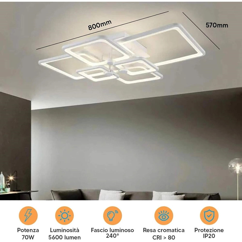 Trade Shop - Plafoniera Led 70w Cct Da 3000k A 6500k 6 Quadrati Lampada Geometrica Soffitto C26-b3c -