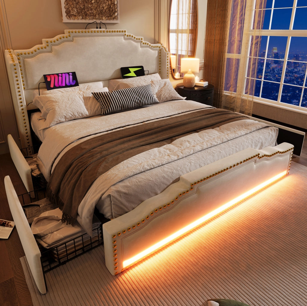 Letto matrimoniale 160x200 cm in velluto beige con LED; porte USB e Type-C; 4 cassetti