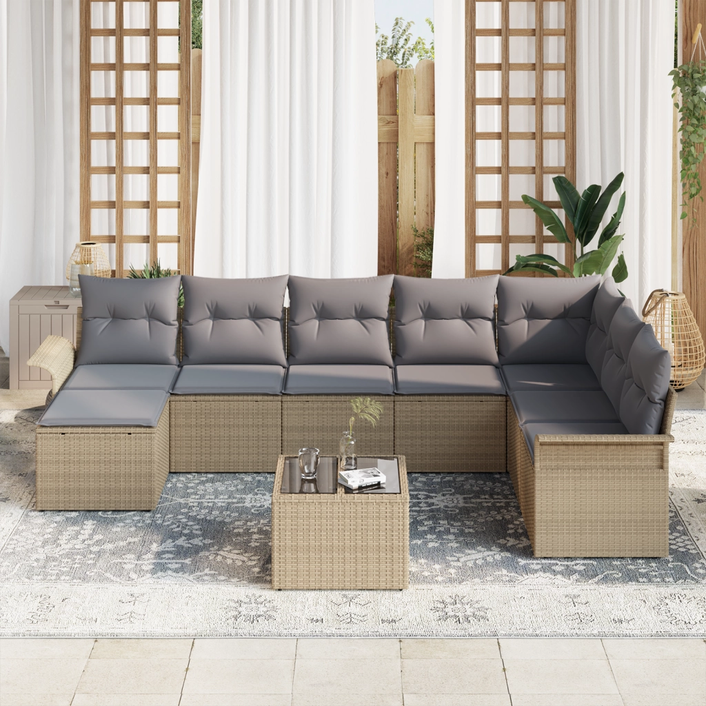 Set Divano da Giardino 9 Pezzi con Cuscini Rattan Polyrattan Nero
