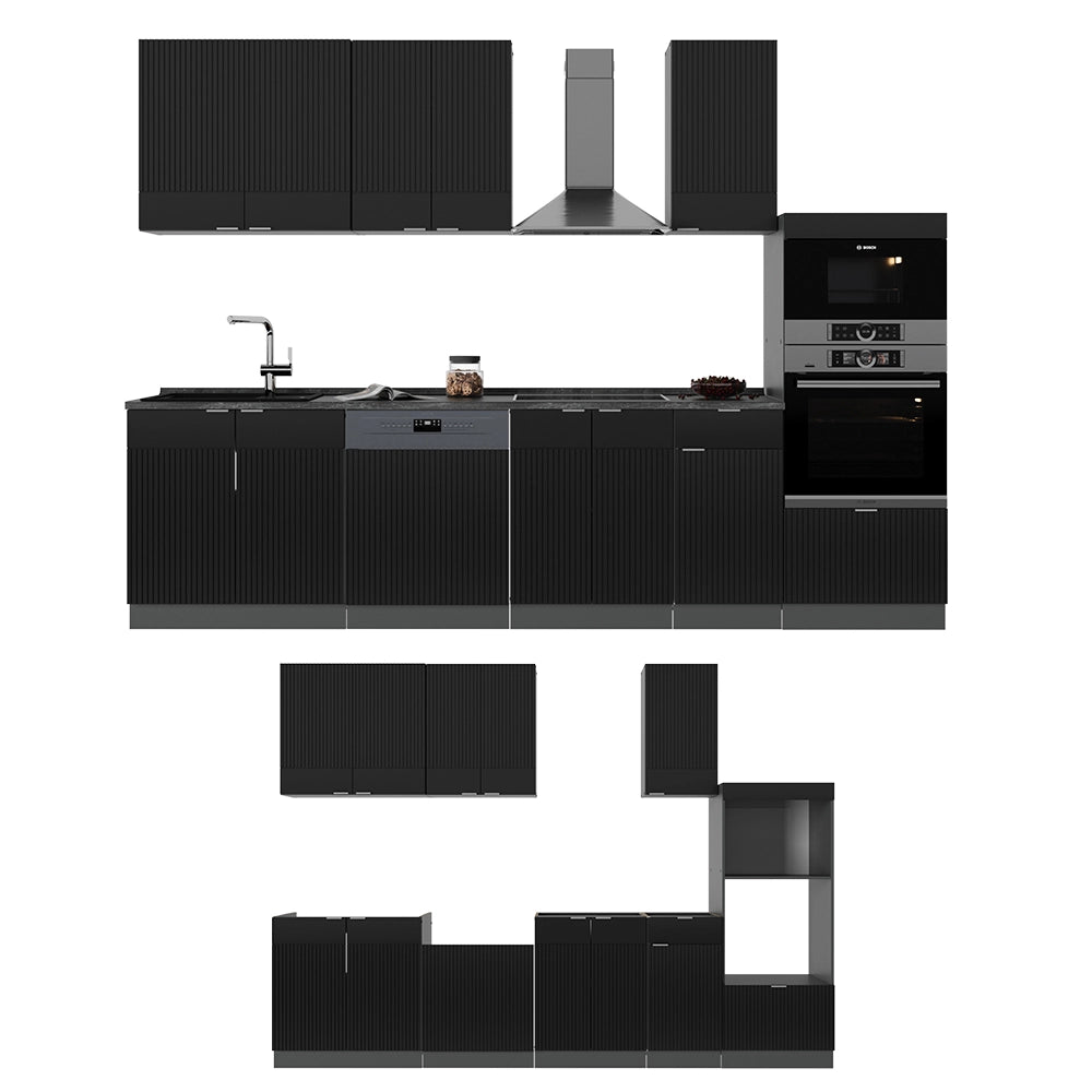 Cucina componibile Fame-Line Nero rigato/Antracite 300 cm con armadio alto, PL Rovere Vicco